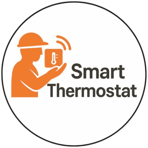 Smart Thermostat logo showing a professional installer holding a wireless smart thermostat enclosed in a thin black circle