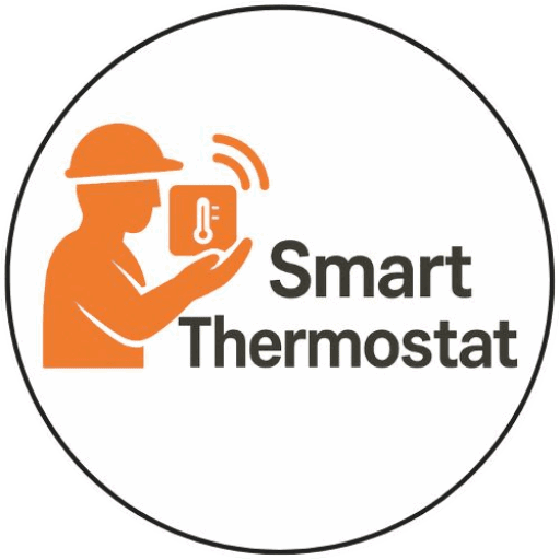 Smart Thermostat logo showing a professional installer holding a wireless smart thermostat enclosed in a thin black circle
